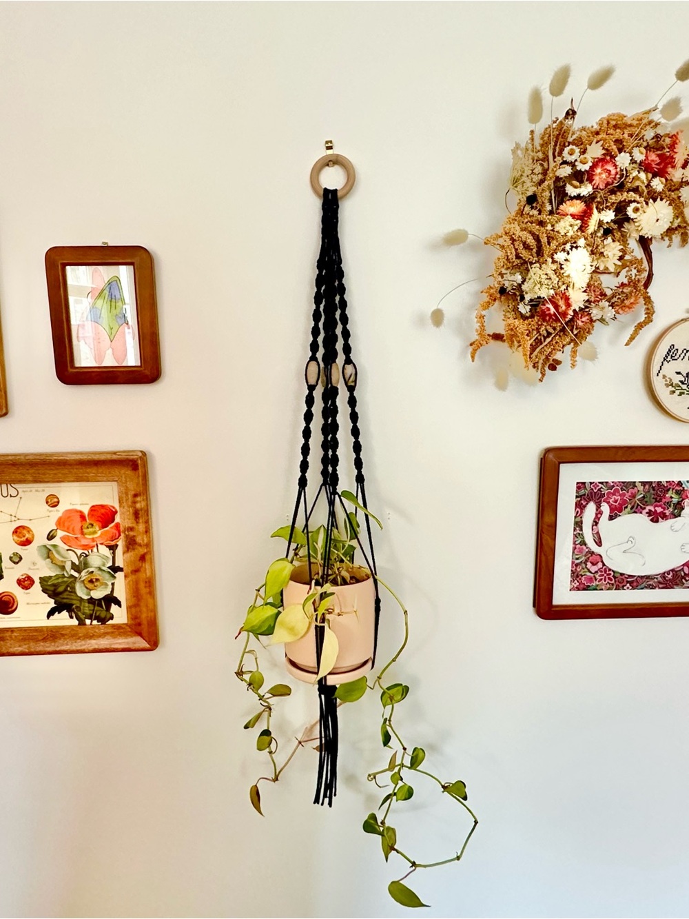 Navy Blue Macramé Plant Hanger with Stone Beads